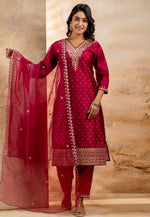 Load image into Gallery viewer, Maroon Chanderi Silk Readymade Pakistani Suit
