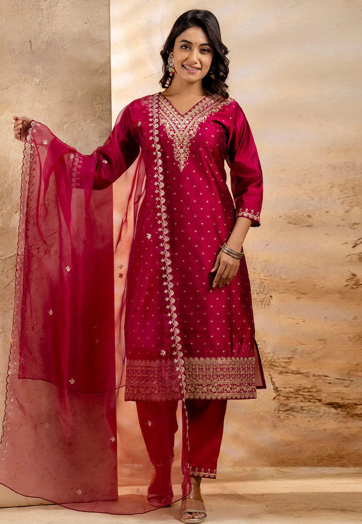 Maroon Chanderi Silk Readymade Pakistani Suit
