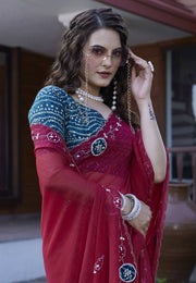 Maroon Chiffon Saree With Blouse