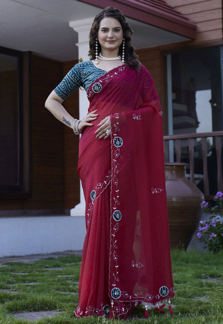 Maroon Chiffon Saree With Blouse