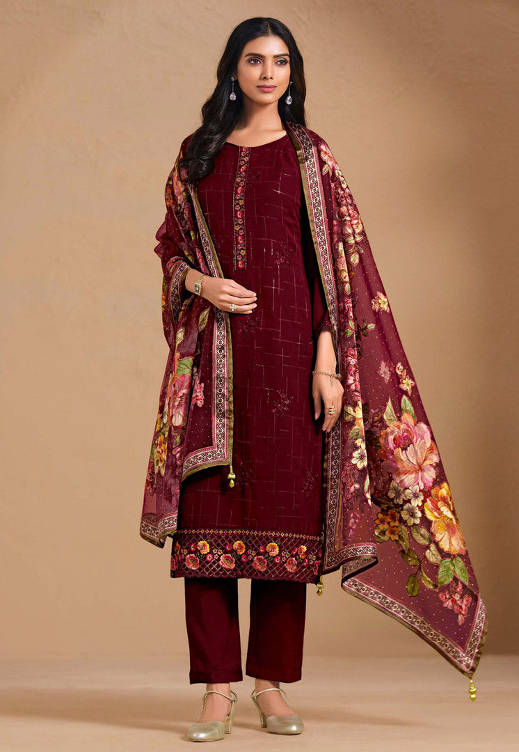 Maroon Chinon Chiffon Pakistani Suit