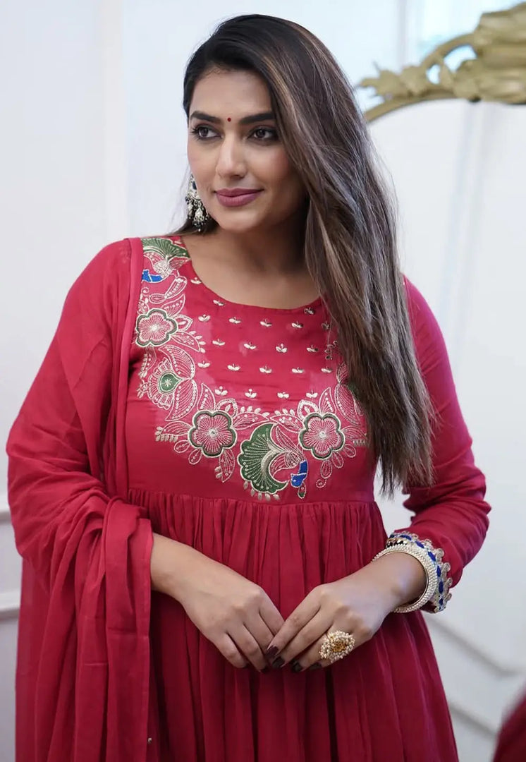 Maroon Chinon Readymade Anarkali Suit