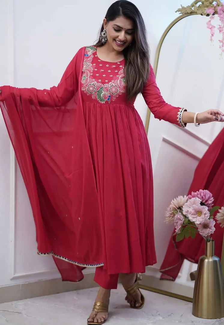 Maroon Chinon Readymade Anarkali Suit