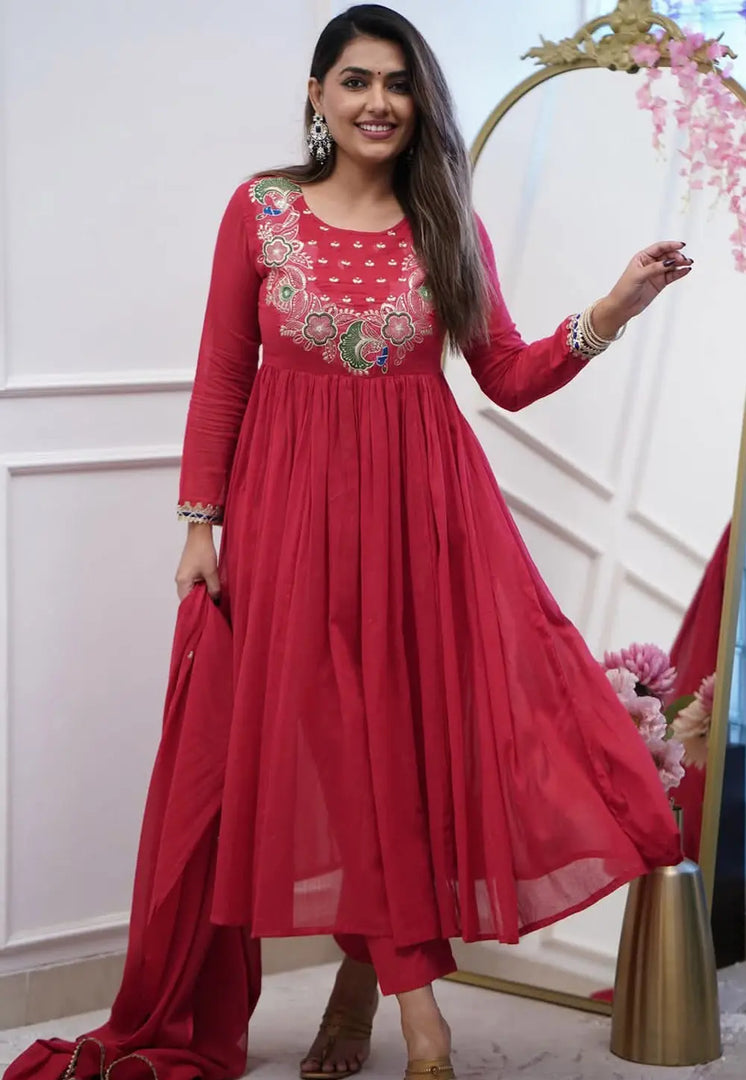 Maroon Chinon Readymade Anarkali Suit