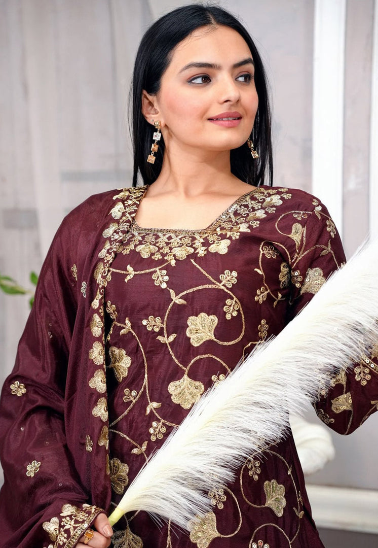 Maroon Chinon Readymade Palazzo Suit