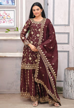 Load image into Gallery viewer, Maroon Chinon Readymade Palazzo Suit
