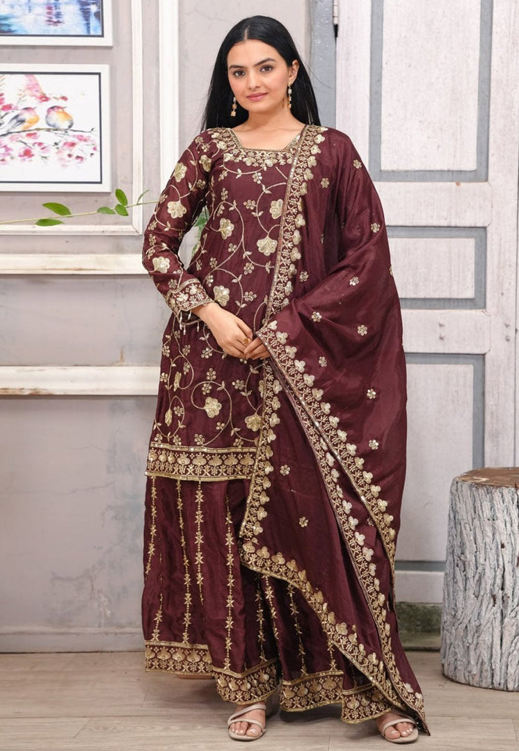 Maroon Chinon Readymade Palazzo Suit