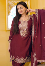 Load image into Gallery viewer, Maroon Chinon Readymade Patiala Suit
