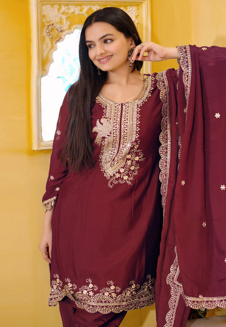Maroon Chinon Readymade Patiala Suit