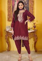 Load image into Gallery viewer, Maroon Chinon Readymade Patiala Suit
