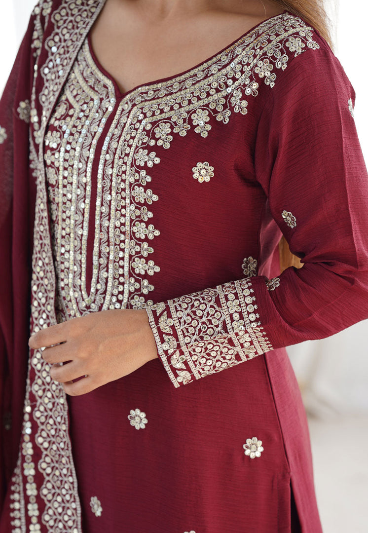Maroon Chinon Silk Readymade Gharara Suit