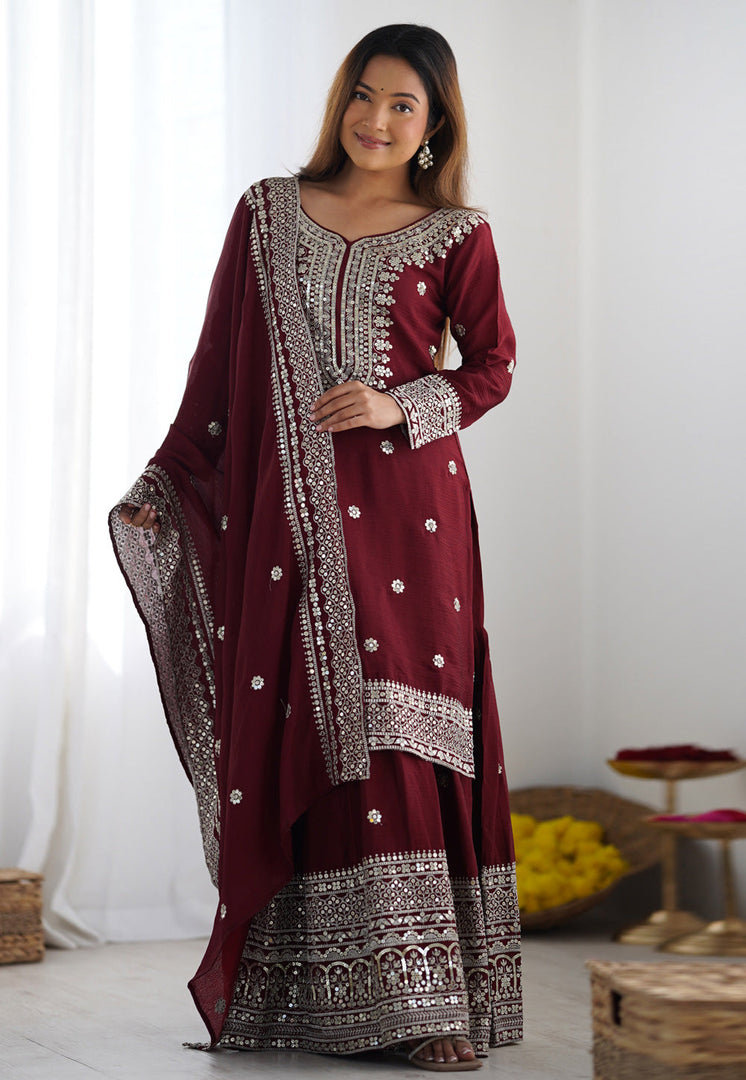 Maroon Chinon Silk Readymade Gharara Suit