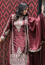 Load image into Gallery viewer, Maroon Chinon Silk Readymade Pakistani Suit
