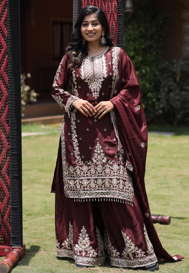 Maroon Chinon Silk Readymade Pakistani Suit