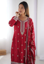 Load image into Gallery viewer, Maroon Chinon Silk Readymade Pant Style Suit
