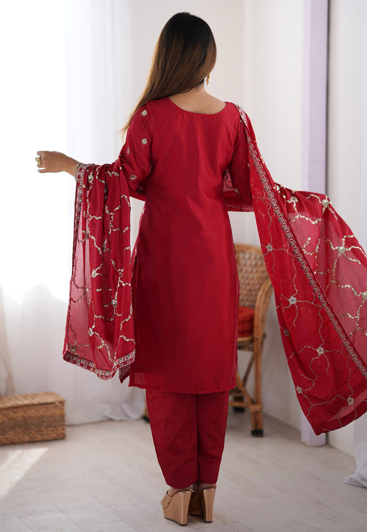 Maroon Chinon Silk Readymade Pant Style Suit
