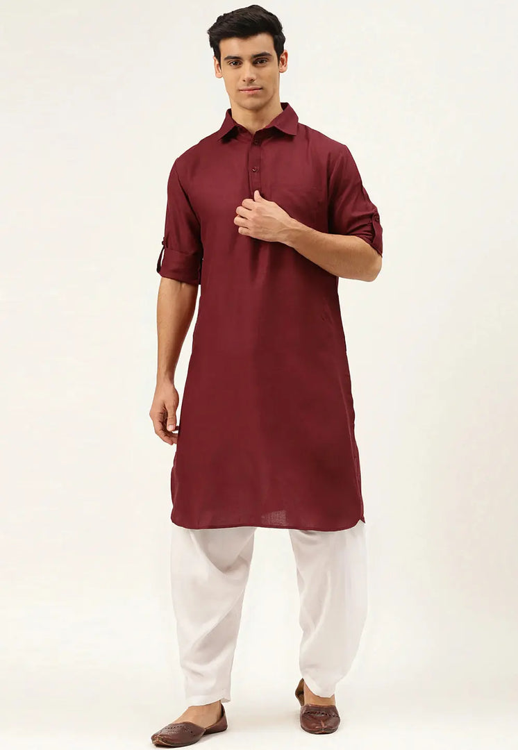 Maroon Cotton Pathani Suit