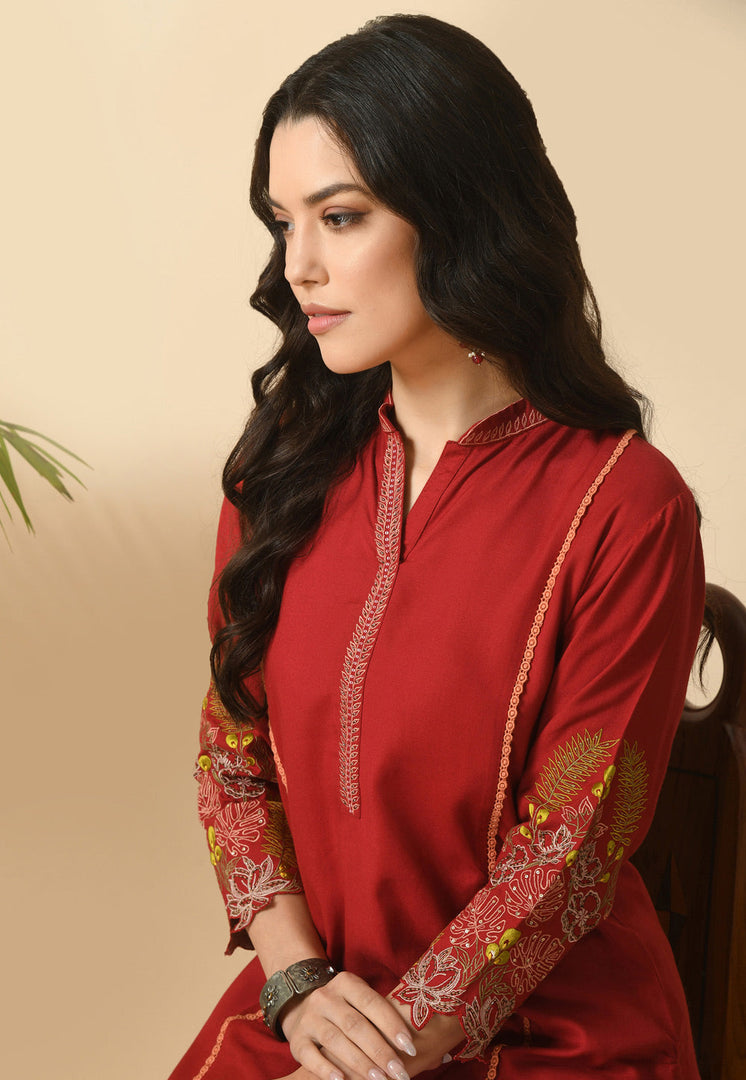 Maroon Cotton Rayon Kurta Set With Pent