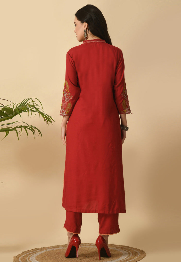 Maroon Cotton Rayon Kurta Set With Pent