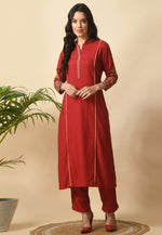 Load image into Gallery viewer, Maroon Cotton Rayon Kurta Set With Pent
