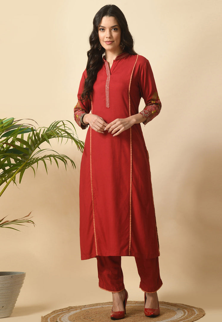 Maroon Cotton Rayon Kurta Set With Pent