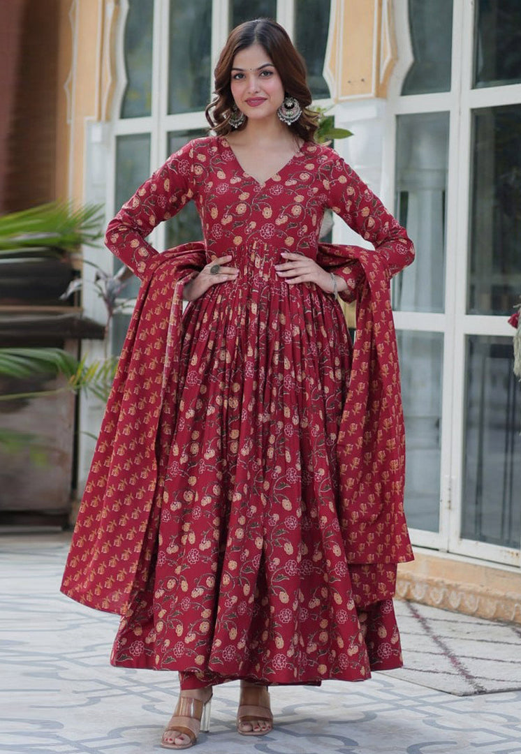 Maroon Cotton Readymade Anarkali Suit