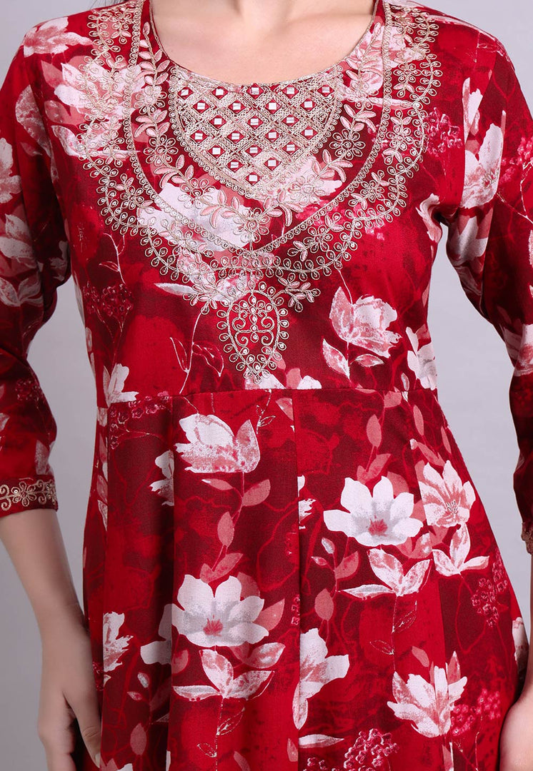 Maroon Cotton Readymade Anarkali Suit