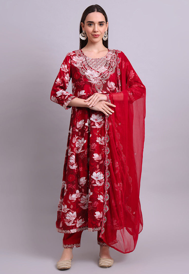 Maroon Cotton Readymade Anarkali Suit