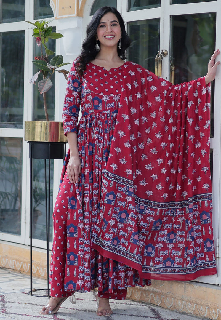 Maroon Cotton Readymade Anarkali Suit