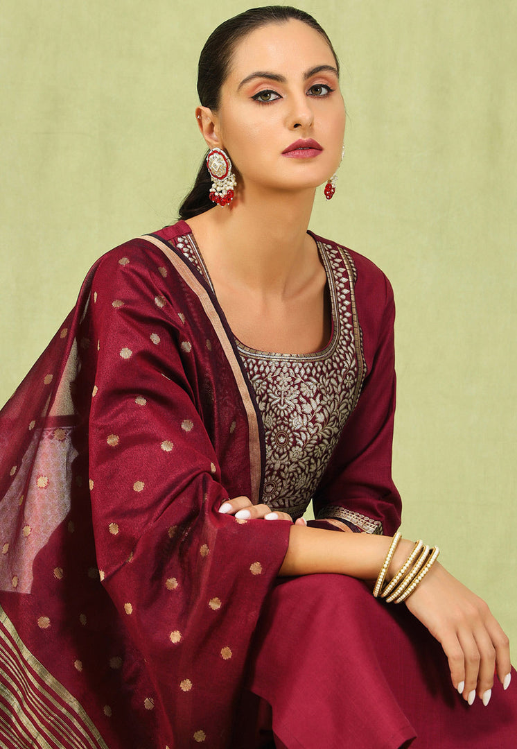 Maroon Cotton Readymade Pakistani Suit