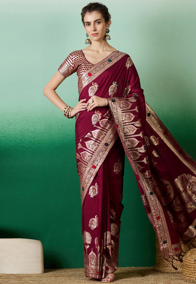 Maroon Cotton Saree With Blouse