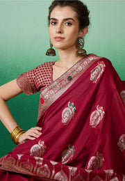 Maroon Cotton Saree With Blouse