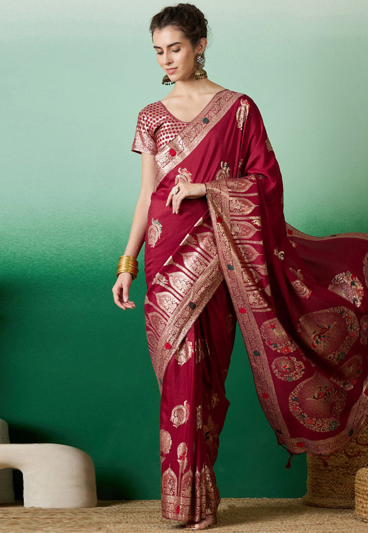 Maroon Cotton Saree With Blouse