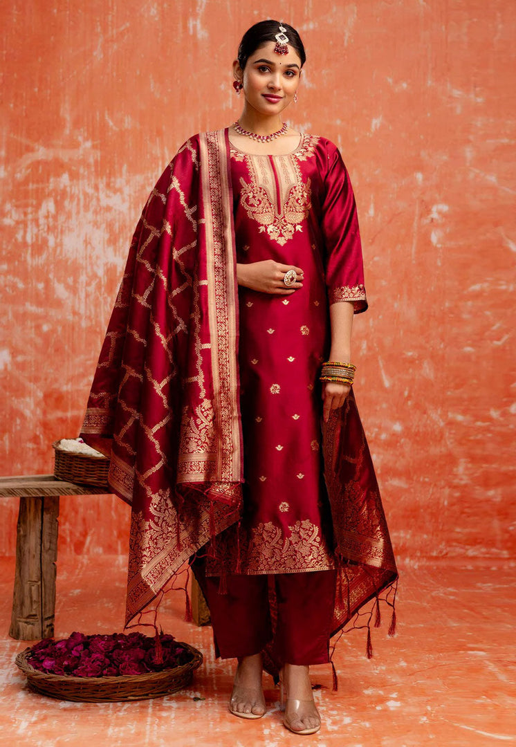 Maroon Cotton Silk Readymade Pakistani Suit