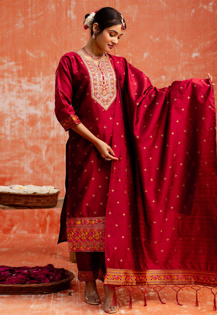 Maroon Cotton Silk Readymade Pakistani Suit