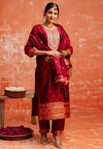 Load image into Gallery viewer, Maroon Cotton Silk Readymade Pant Style Suit
