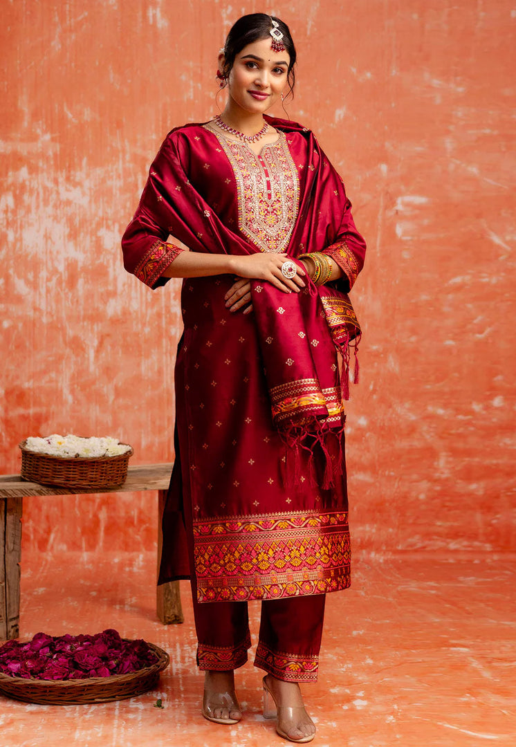 Maroon Cotton Silk Readymade Pant Style Suit