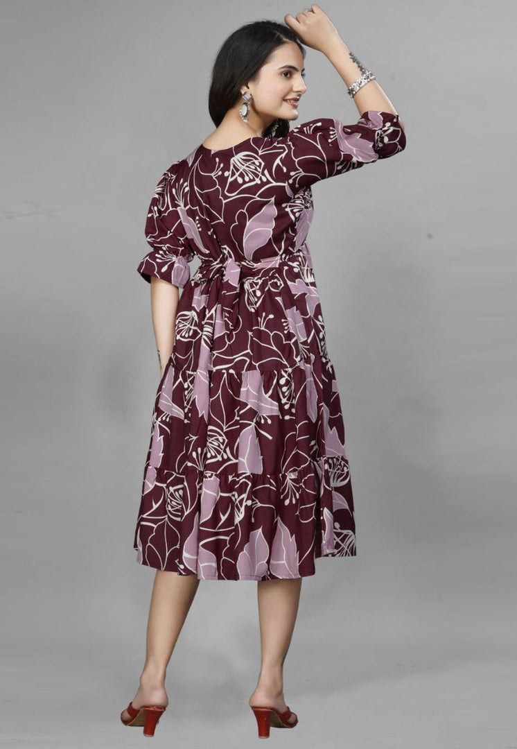 Maroon Crepe Printed Gown
