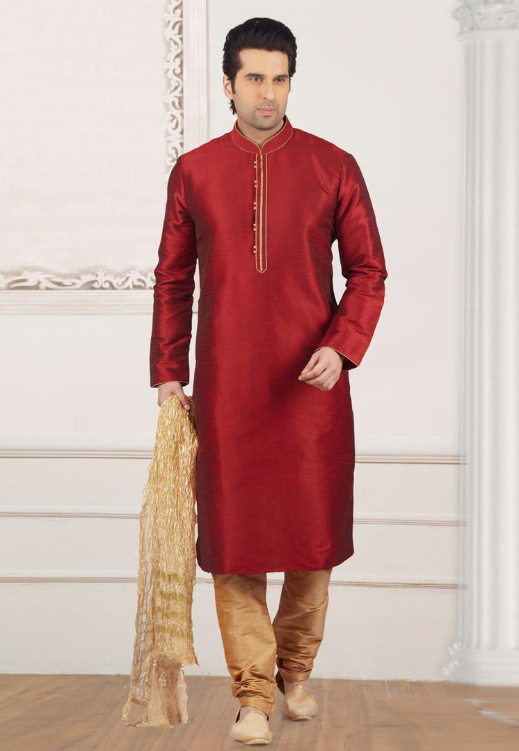 Maroon Dupion Silk Kurta Pajama