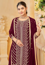 Load image into Gallery viewer, Maroon Faux Georgette Embroidered Gharara Suit
