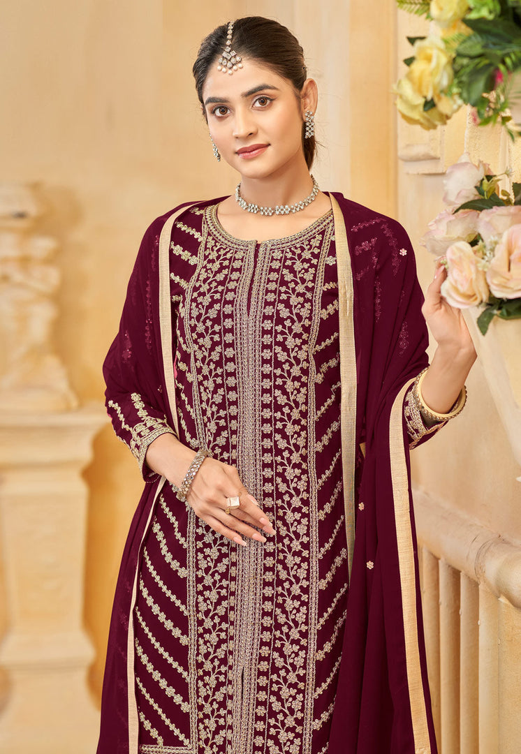 Maroon Faux Georgette Embroidered Gharara Suit