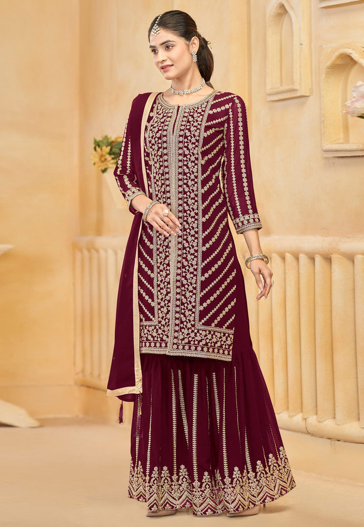 Maroon Faux Georgette Embroidered Gharara Suit
