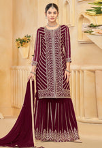 Load image into Gallery viewer, Maroon Faux Georgette Embroidered Gharara Suit
