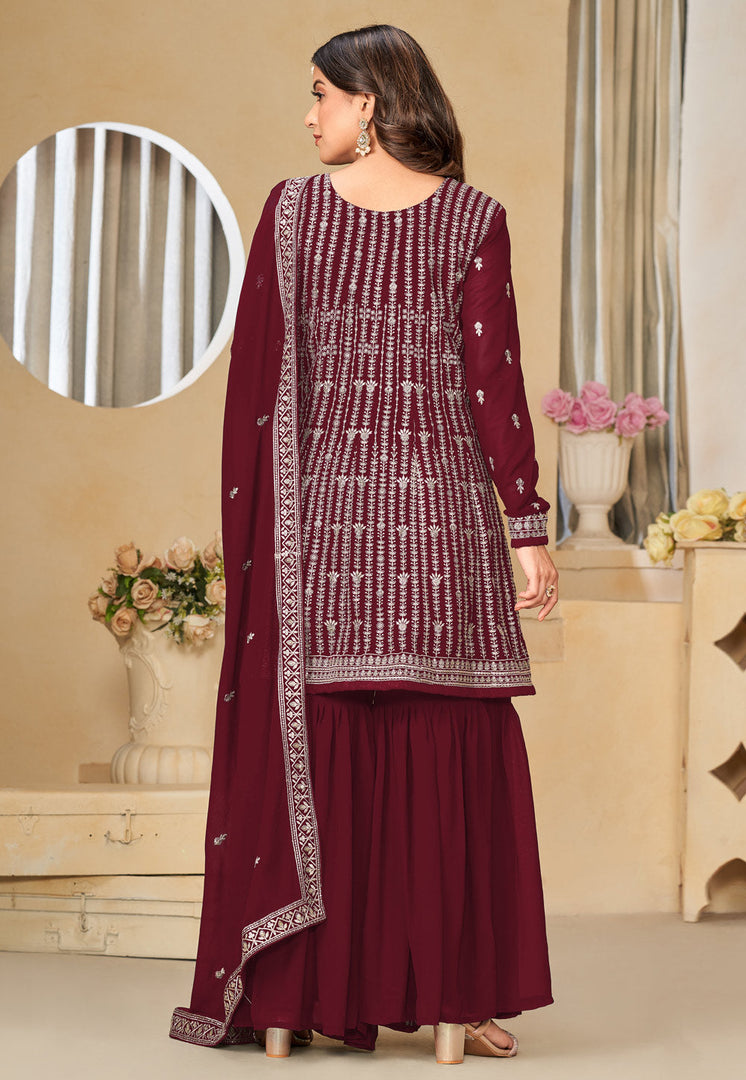 Maroon Faux Georgette Gharara Suit
