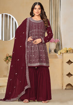 Load image into Gallery viewer, Maroon Faux Georgette Gharara Suit
