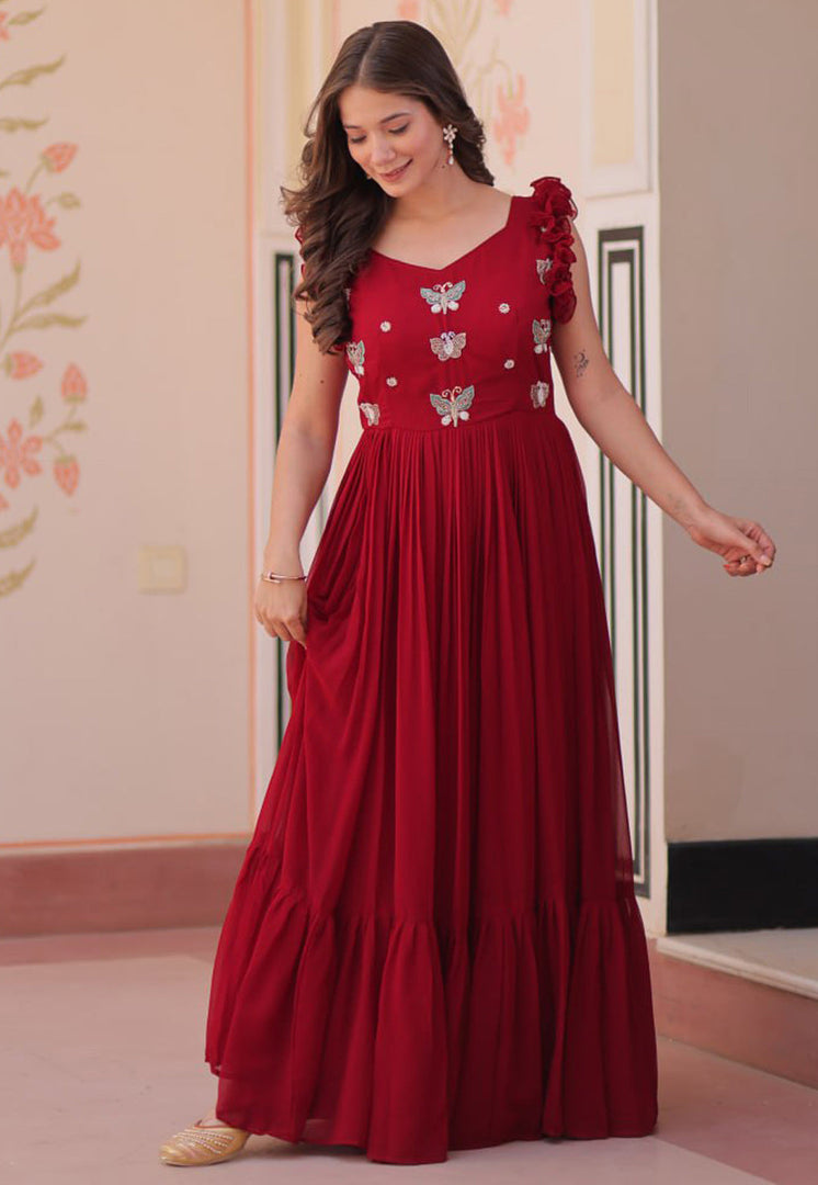 Maroon Faux Georgette Gown