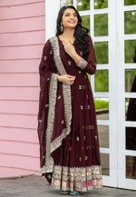 Load image into Gallery viewer, Maroon Faux Georgette Readymade Anarkali Suit
