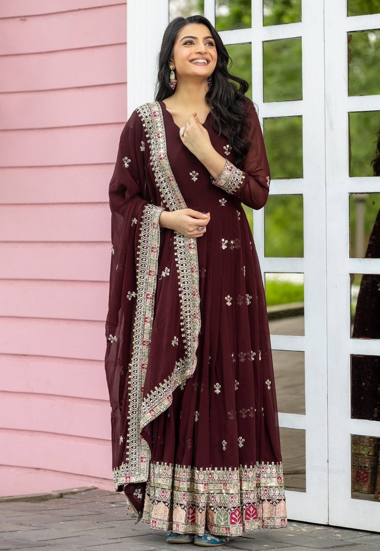 Maroon Faux Georgette Readymade Anarkali Suit