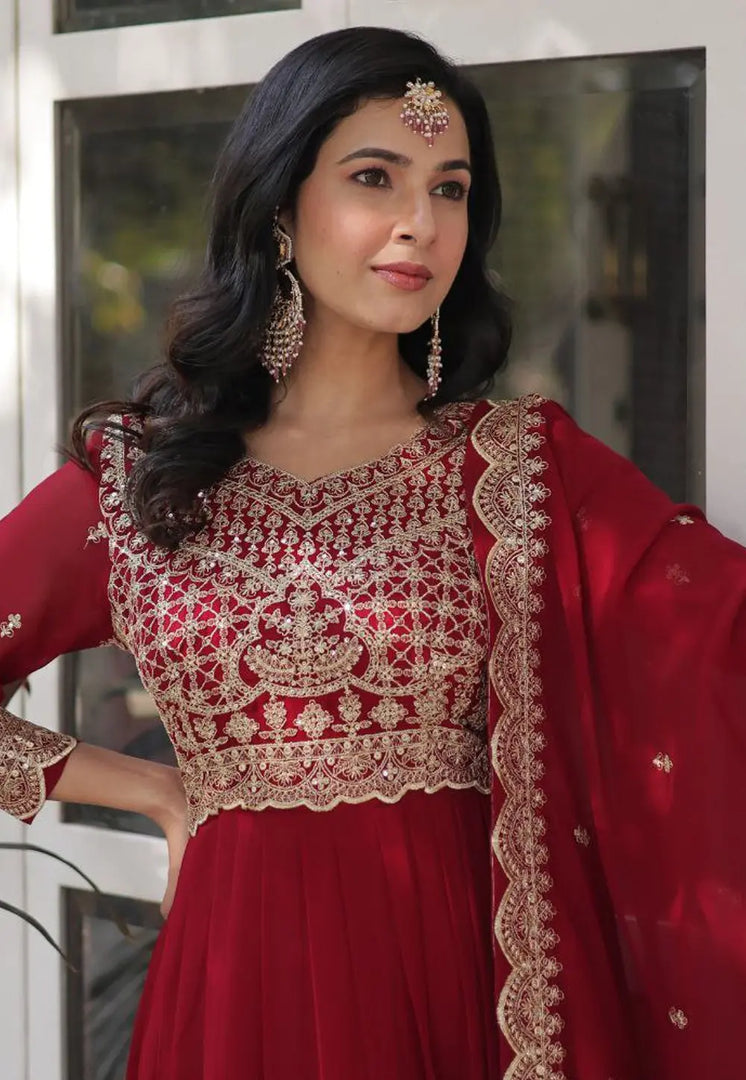 Maroon Faux Georgette Readymade Anarkali Suit