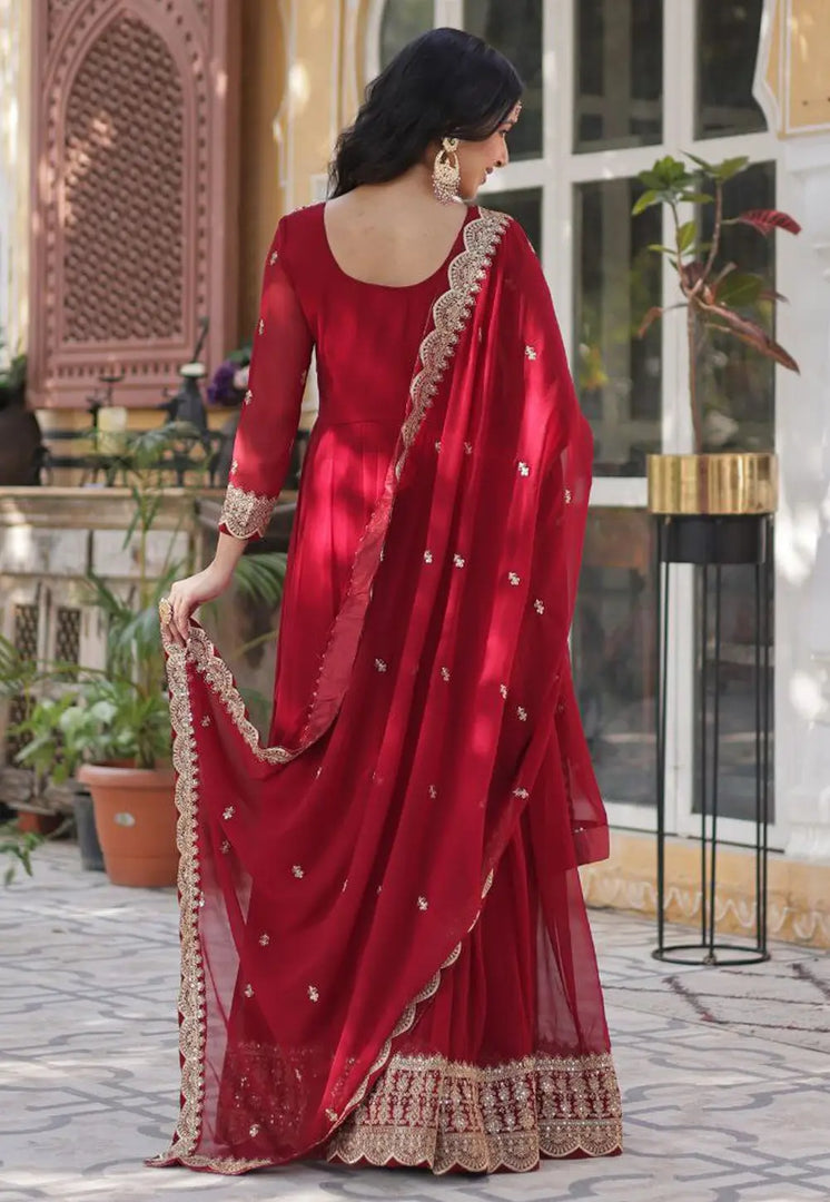 Maroon Faux Georgette Readymade Anarkali Suit